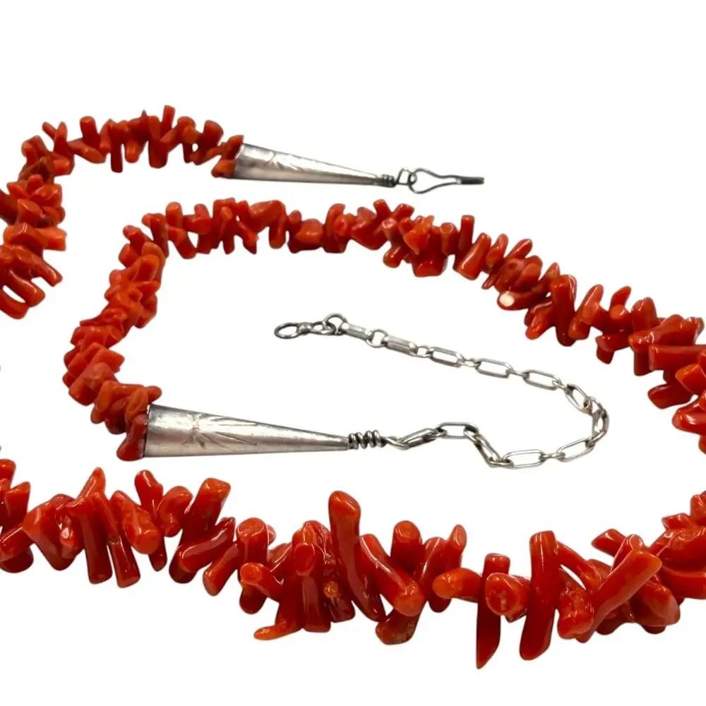 Vintage 70s Sterling Silver Southwest Natural Red Coral Branch Strand Necklace